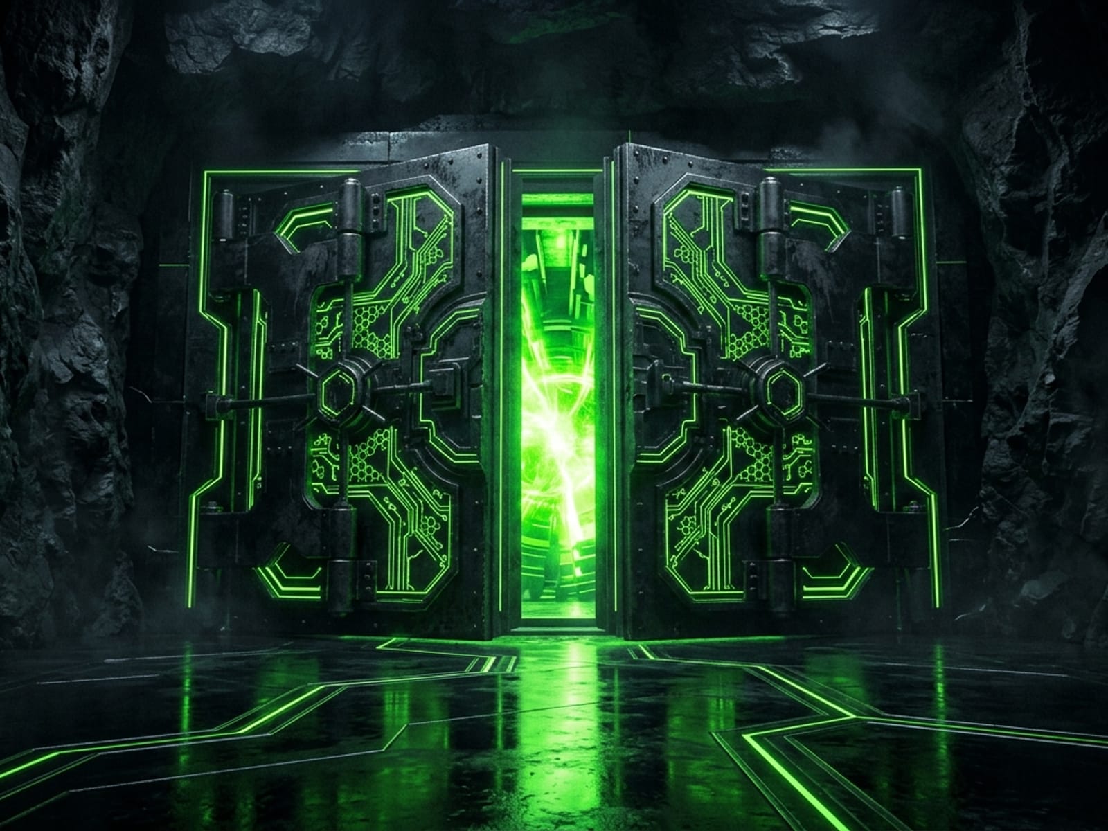 Futuristic dark vault doors opening in a deep charcoal stone cavern, casting a brilliant neon-green glow onto a polished black floor.