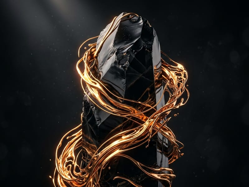 Polished obsidian monolith wrapped in liquid neon-green filaments against a deep charcoal-black backdrop.