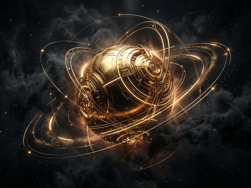 Neon-green vault sphere floating in dark mist with hairline green geometry orbiting it.