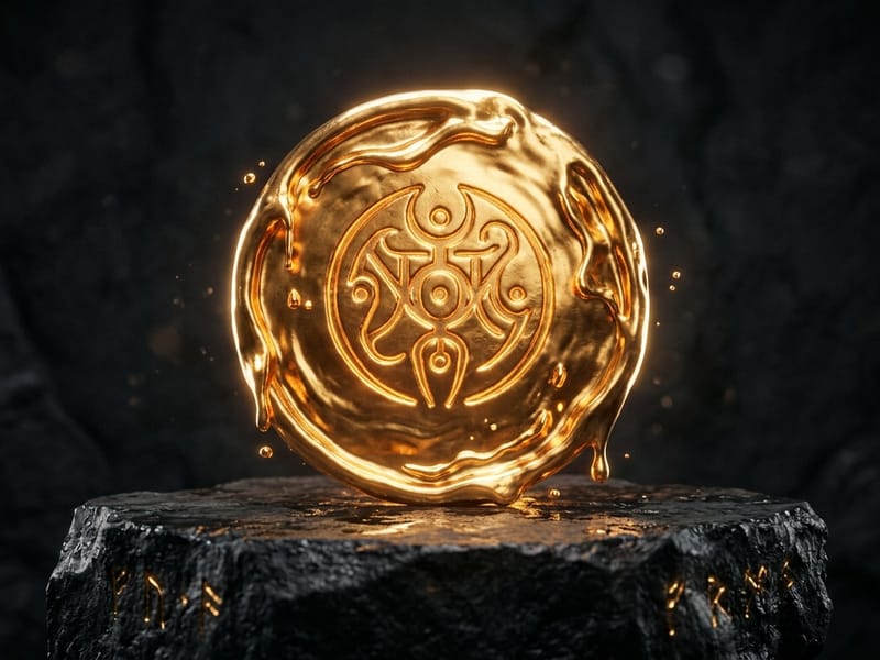 Molten neon-green coin embossed with a subtle otherworldly sigil resting on a dark stone pedestal.