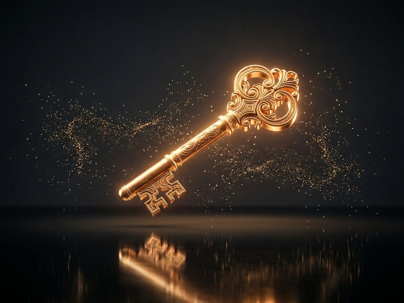 Neon-green key floating above a dark reflective surface with hairline green particles drifting.