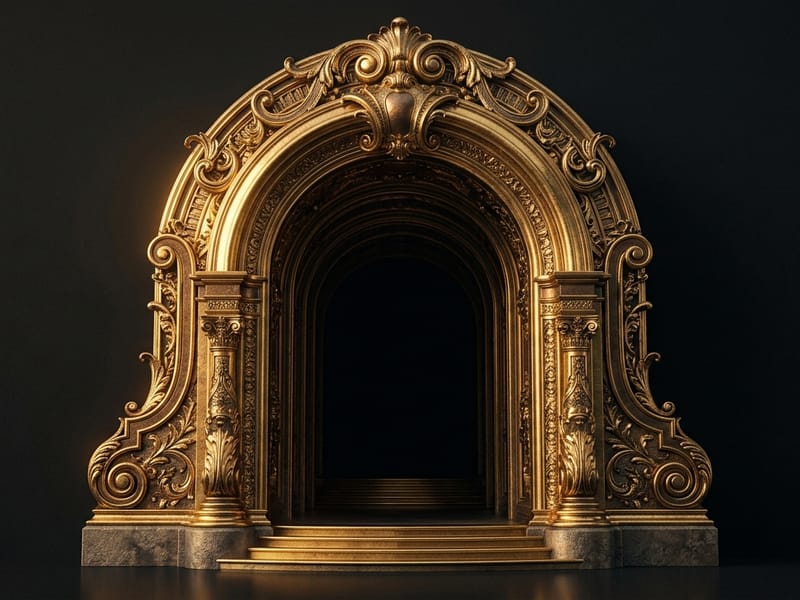 Ornate neon-green archway leading into darkness with warm metallic green and bronze accents.
